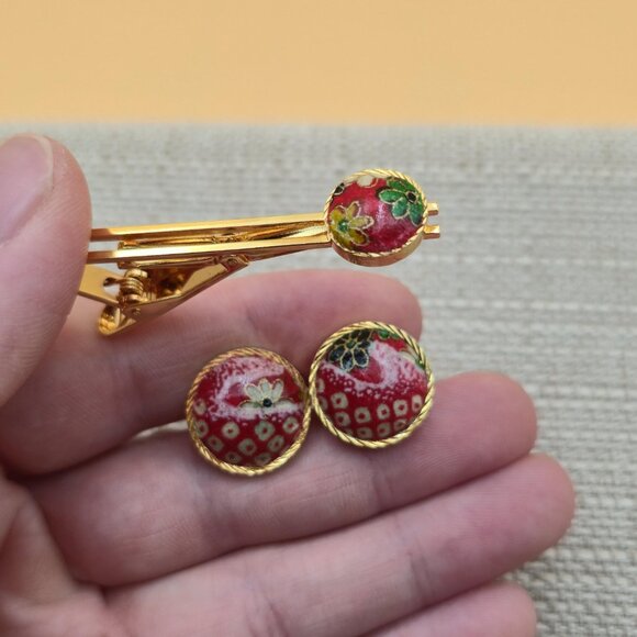 Gold And Red Floral Tie Clip And Cuff Links Set B791 - Picture 5 of 7